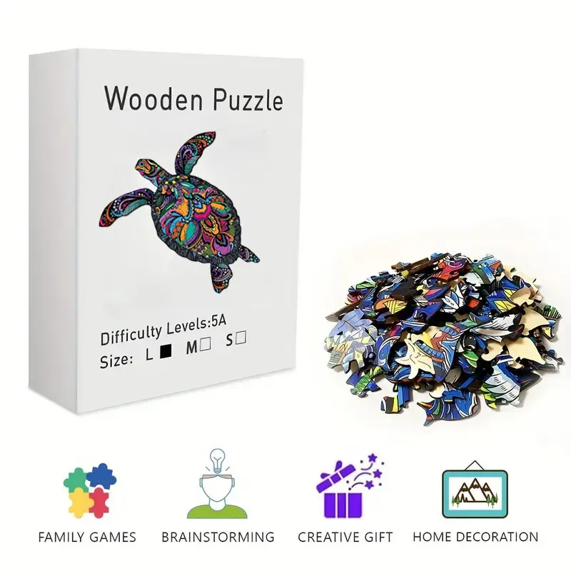 Boho Style Sea Turtle & Floral Mandala Wooden Irregular Puzzle, Challenging Brain Teaser Jigsaw Puzzle, Premium Wood Art Puzzle for Family Game Nights, Stress Relief & Nautical Gifting