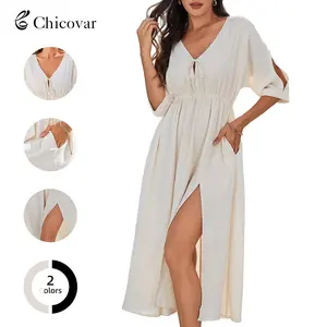Chicovar Women's Boho V Neck Short Sleeve Maxi Dress with Pockets, Tie Front Button, Elastic Waist Batwing Sleeve Slit Dress for Beach Vacation, Casual Wear, Party & Date, Valentine’s Day