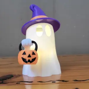 Cute Ghost Halloween 5 Inches Tall Figure Lights Up with Standard Electric Tea Light Purple Hat Light Not Included