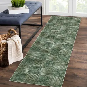 【GARVEE】2x6 Green Checkered Runner Rug, Modern Abstract Design, Non-Skid, Washable, Soft Carpet for Hallways, Laundry, Bedroom, Kitchen, Bathroom, Indoor Use