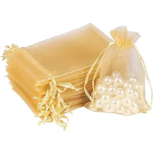 100Pcs Gold Organza Gift Bags, 4 X 6 Inch Candy Mesh Drawstring Favor Bags Jewelry Pouches for Christmas Wedding Party