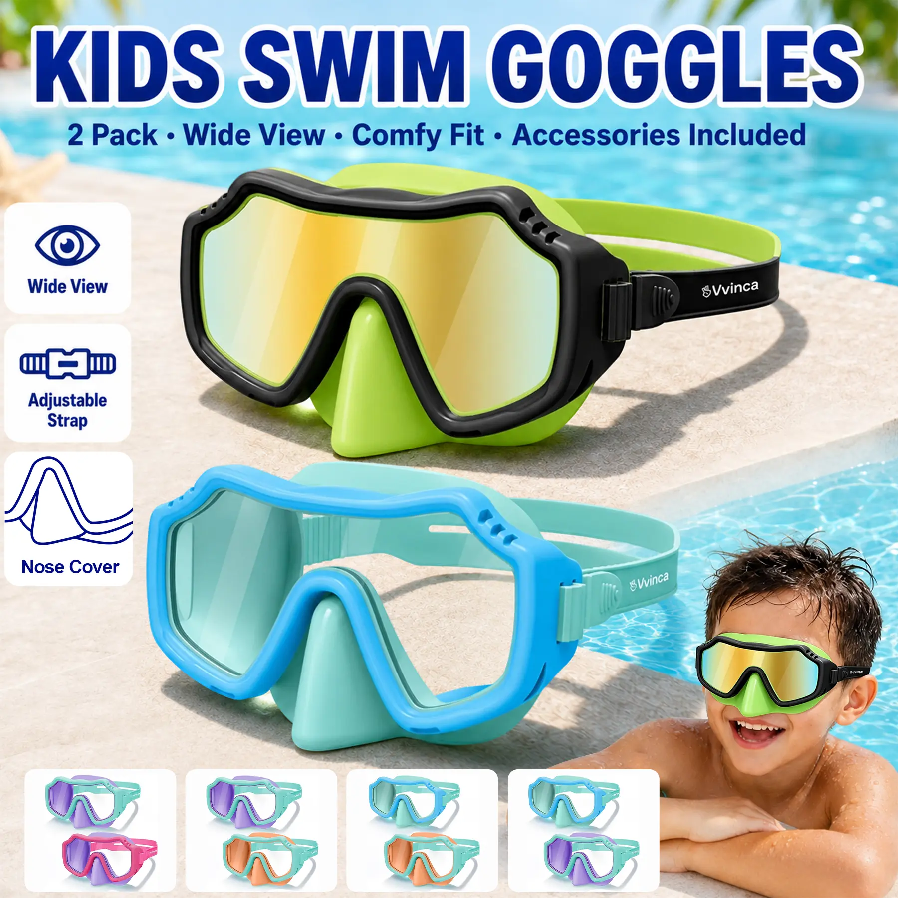 [Deals For You] Vvinca 2 Pack Kids Swim Goggles with Nose Cover for 3-15,Kids,Youth,UV Protection Anti-Fog Shatterproof Waterproof Diving Mask for Boys and Girls - Safety anti-uv swimming goggles swim glass anti-fog for Lake,Beach, Summer Party