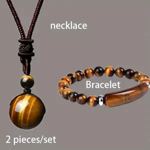 2-Pack Round Natural Tiger Eye Necklace & Bracelet Set Unisex Adjustable Braided Rope Pendant Ideal for Valentine's Day Christmas Halloween Gifts