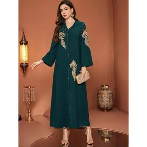 Women's Hooded Dark Rhinestone Embellished Patchwork Casual Islamic Abaya Long Robe, Fitted Long Sleeve, Elegant All Seasons Wear