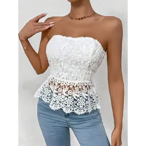 [Elegant Lace Bandeau Top] Summer Elegant Solid Color Polyester Lace Bandeau Top - Women's Woven Fabric 180gsm with Contrast Lace Detail - 95% Polyester 5% Elastane for Holiday Party Wear