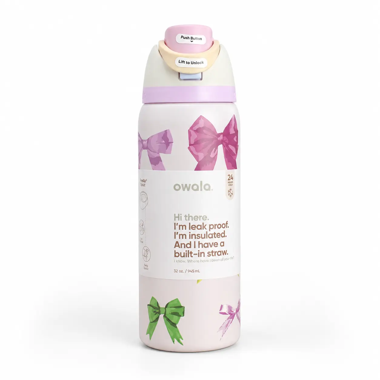 Owala “Girlhood” 32oz FreeSip Pink & Pastel Bow Print Insulated Water Bottle