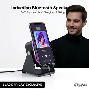 5-in-1 Wireless Induction Speaker Stand, 3500mAh Portable Power Bank, 360° Adjustable Phone/Tablet Holder with RGB Ambient Light, Outdoor Leisure Audio Device for Camping, Hiking & Travel