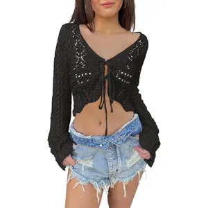 Saodimallsu Womens Crochet Crop Tops Tie Front Bell Long Sleeve Cardigan V Neck Lightweight Knit Shrug Sweaters