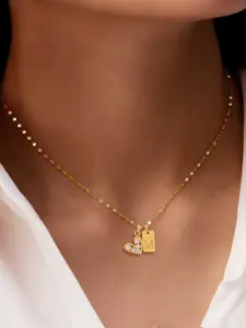 Women's Stainless Steel Material Initial Charm Letter Pendant Necklace, Casual Style Heart Shape Zirconia Jewelry, All-Season Lip Chain Accessory