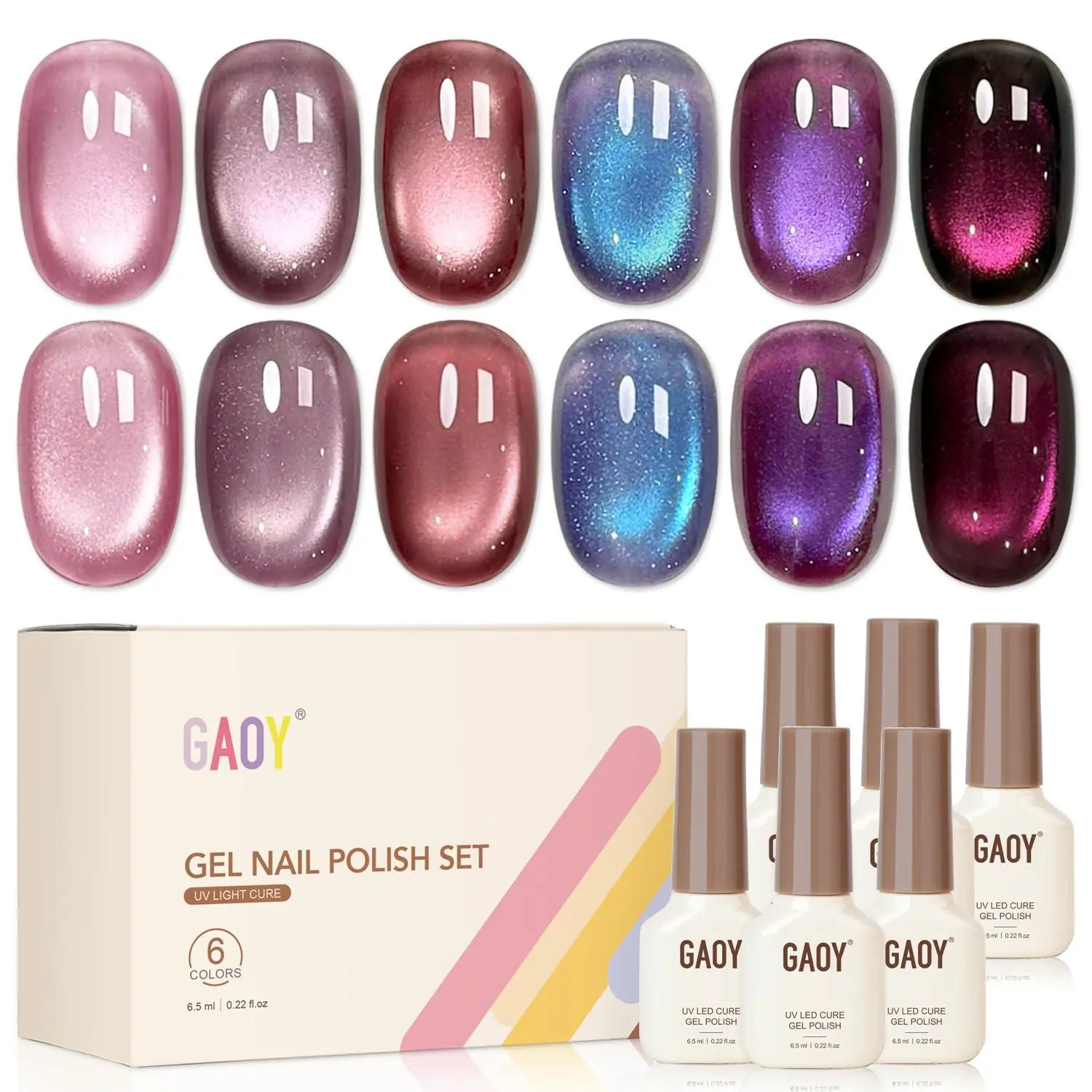 GAOY Purple Cat Eye Gel Nail Polish Set 6 Colors, Aurora Purple | Translucent Iridescent Velvet Orchid Violet Berry, Holographic Glitter Shimmer, UV Cure, Soak Off, Salon & DIY Nail Art