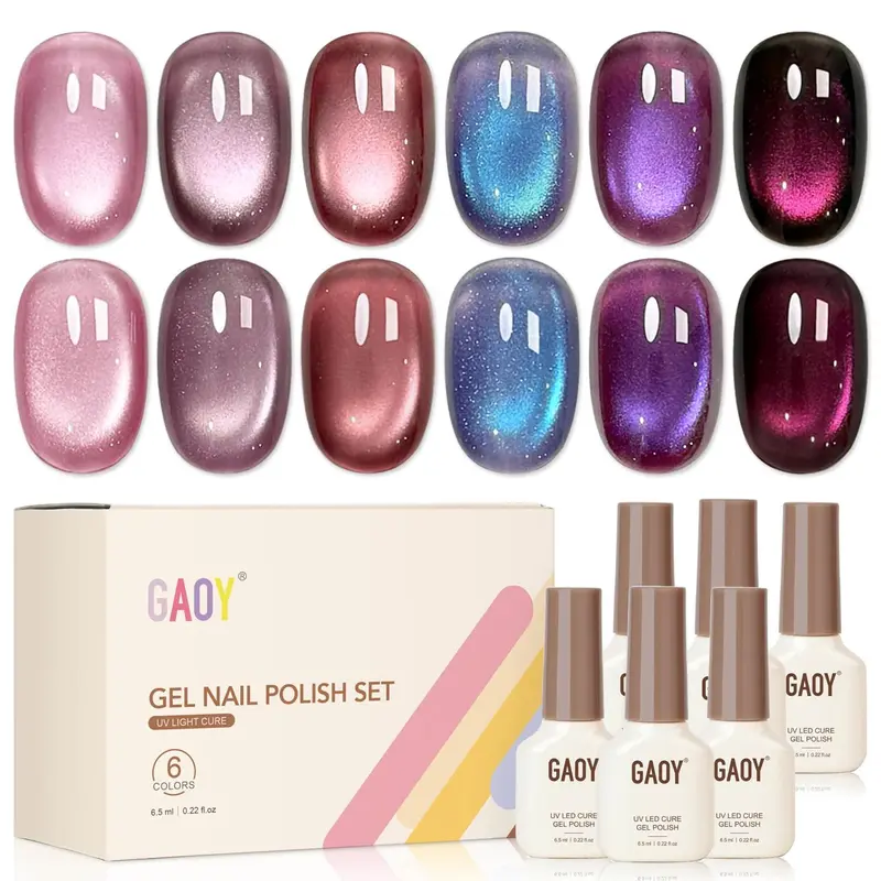 GAOY Purple Cat Eye Gel Nail Polish Set 6 Colors, Aurora Purple | Translucent Iridescent Velvet Orchid Violet Berry, Holographic Glitter Shimmer, UV Cure, Soak Off, Salon & DIY Nail Art
