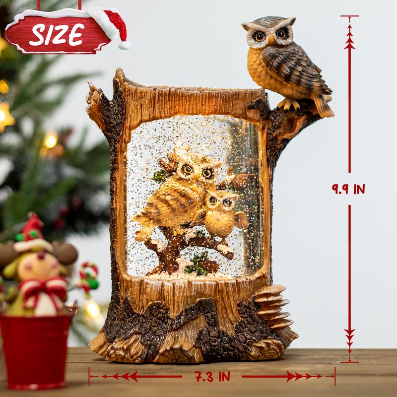 Christmas Owl Family Snow Globe, Musical Glittering Christmas Snow Globes Lantern with Timer, Large Owl Collectible Figurines Christmas Holiday Home Decor Battery Operated USB Powered