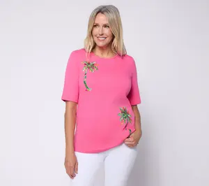 Quacker Factory Preppy Palms Elbow Sleeve Top