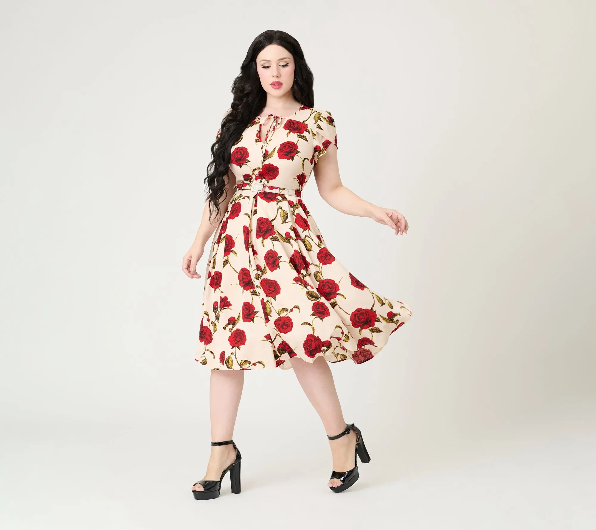 Unique Vintage White & Red Rose Dahlia Swing Dress
