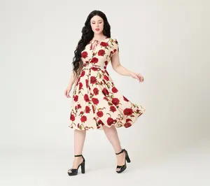 Unique Vintage White & Red Rose Dahlia Swing Dress