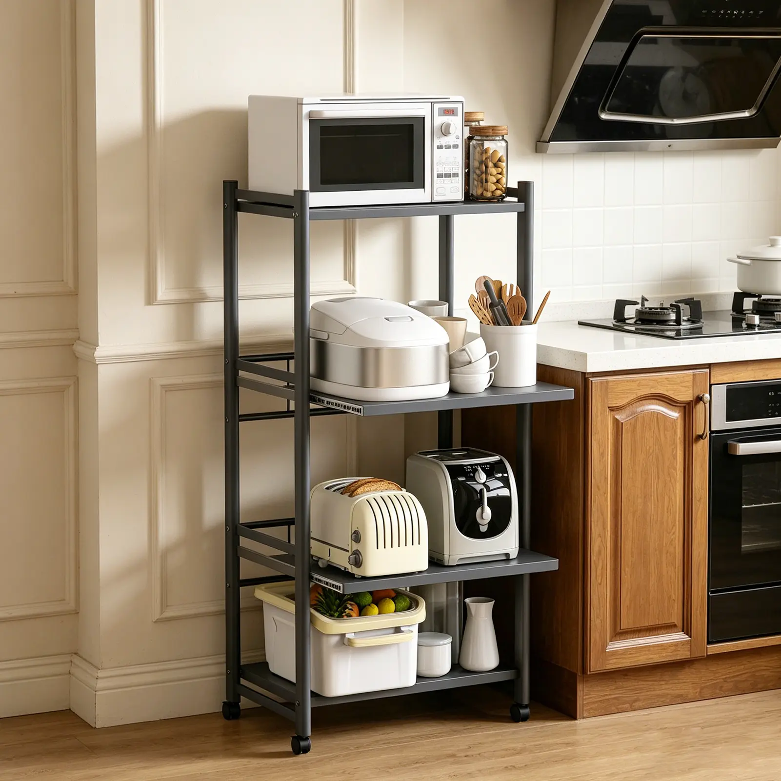 4-Tier Pull Out Kitchen Baker's Rack with Wheels, Heavy Duty Metal Microwave Stand with Storage, Freestanding Rolling Utility Storage Cart (23.6"W x 46.3"H)