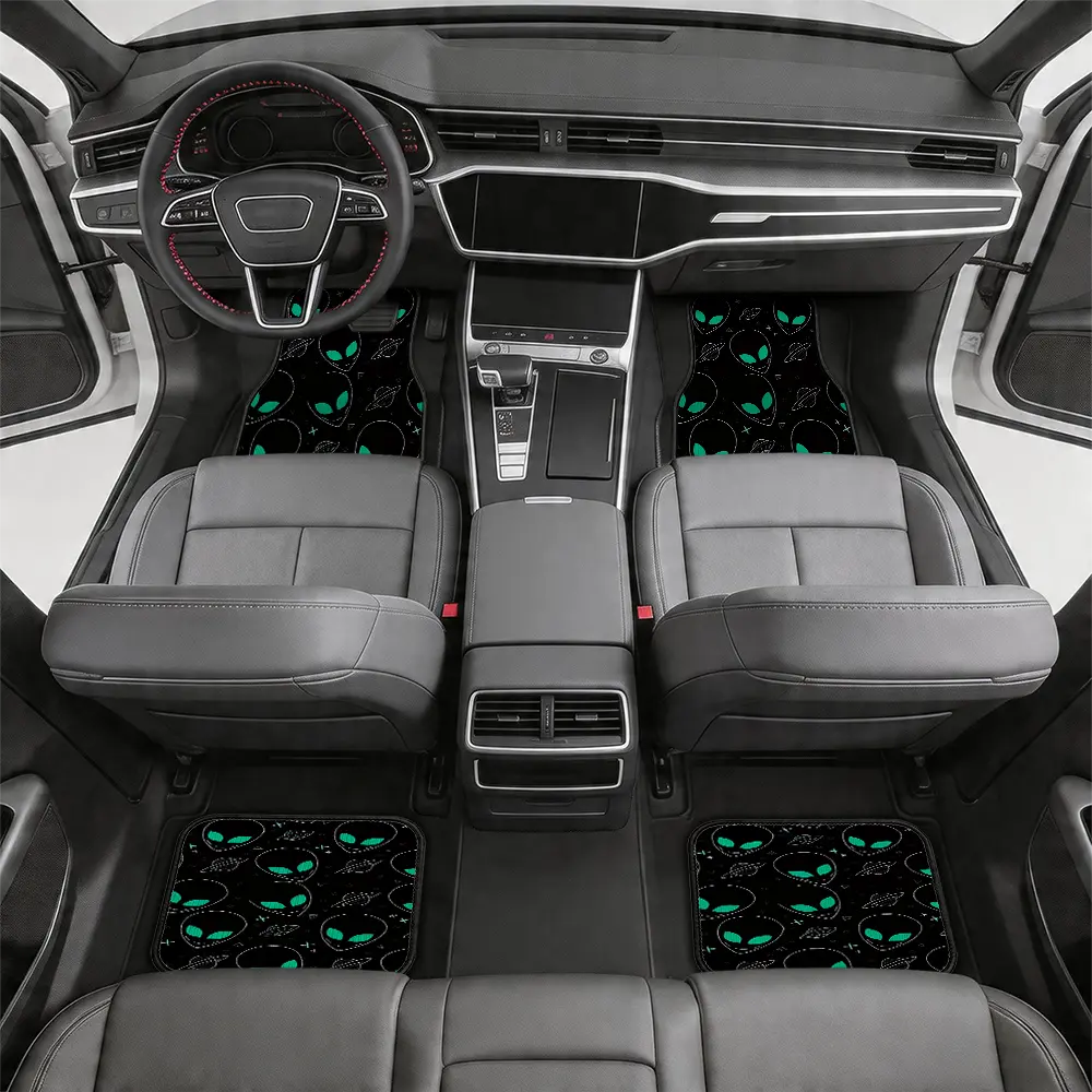 4-Piece Alien Head Pattern Car Floor Mats, Universal Fit Black Anti-Slip All-Weather Liners with Green-Eyed Alien & UFO Print, Guard Against Spills, for Cars SUVs Trucks, Space Themed Interior Accessories, Car Accessories
