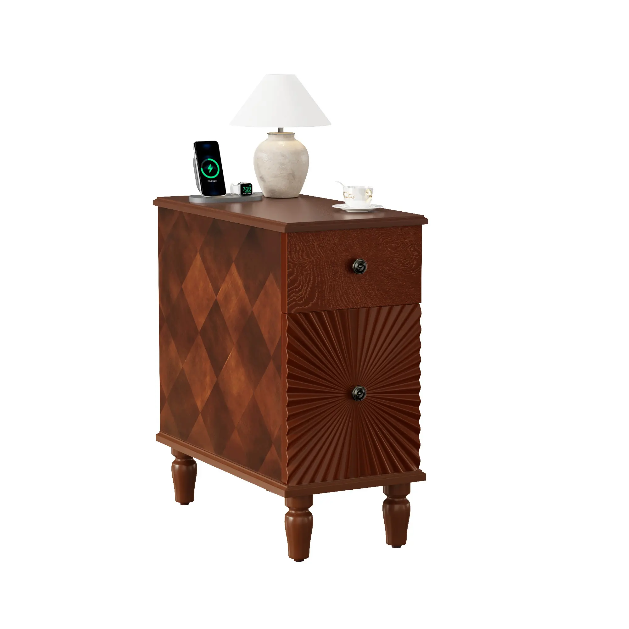 Donext 2-Drawer Modern Foldable Narrow Slim Solid Wood Nightstand - Mid-Century E1 MDF Sofa Side Table with Linear Concave, Diamond Pattern, Round Legs, Minimal Setup for Living Room, Bedroom, Solid Wood Nightstands