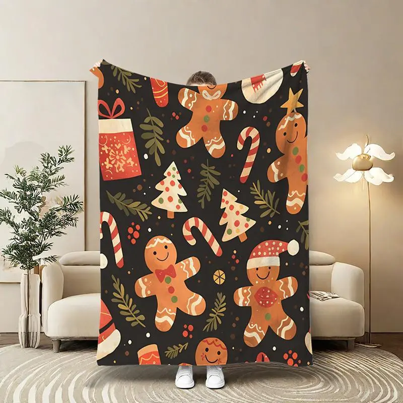 Gingerbread Man Pattern Blanket Christmas Theme Soft Comfortable Throw for Air-conditioned Room Warm Nap Home Office Travel