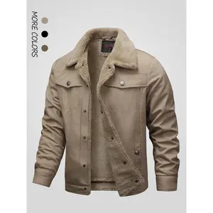 Men's Solid Button Front Pocket Fleece Jacket, Regular Fit Casual Long Sleeve  Thermal Lined Collared Outerwear for Winter, Men's Clothes for Daily Wear, Coats