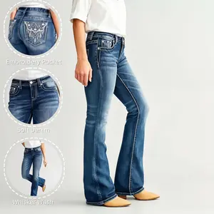 Women's Mid-Rise Whisker Wash Flare Bootcut Jeans, Bohemian Embroidered Pocket Soft Denim Casual Western Streetwear Denim Pants