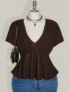 Curvy V-Neck Lace Trim Top  Black Knit Babydoll Fit