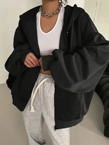 Women's Solid Color Zipper Hoodie Jacket Tops, Basic Casual Long Sleeve Drawstring Design, Lightweight Fall & Winter Wear, Loose Fit Oversize Plain Sweatshirt