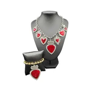 "Queen of Hearts" Red and Silver Tone Necklace and Bracelet Jewelry Set fashion woman/Unisex