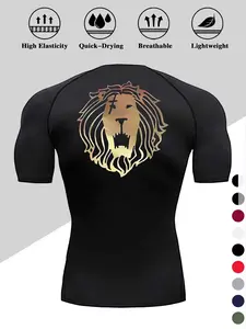 Men's Quick-Dry Compression Sports Tee, Lion Print Short Sleeve, Breathable Sweat-Wicking Fabric, Ideal for Gym Cycling Running Outdoor