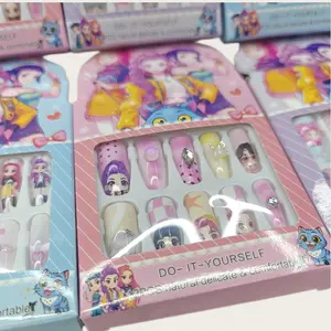 kpop cartoon children s nail stickers 12 pieces box colorful artificial false nails cute little girls full coverage short long nail sets for nail art Nail Art Design