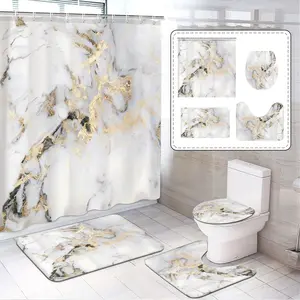 Marble Pattern Bathroom Set, Includes 3 Mats + Shower Curtain, Shower Curtain Sets, Easy to Clean Polyester Material, 12 Plastic Hooks Included