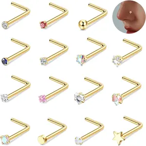 15Pcs 20G & 18G Nose Studs - L Shaped, Heart & Star Piercings - Surgical Steel & Gold - CZ Opal Nose Rings