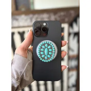 Turquoise Stone Concho Phone Grip with Kickstand, Smooth Expand/Contract, Secure Comfortable Hold, Hands-Free for Streaming/Selfies, Western Statement Accessory