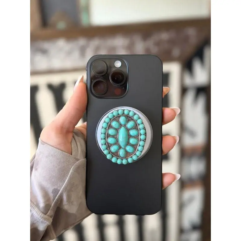 Turquoise Stone Concho Western Stuff Phone Grip with Kickstand - Durable Resin-Alloy Wireless Magnetic Phone Mount, Smooth Expand-Contract Design, Secure Comfortable Hold, Hands-Free Streaming Support