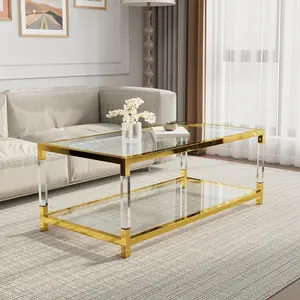 Modern Glass Coffee Table, Gold Rectangular Center Table, Glass Top & Acrylic Legs 2-Tier Storage for Home Living Office (Gold, 47.2'')