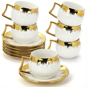 3.5 OZ Espresso Cups with Saucers, Ceramic Coffee Cup Set of 6, Turkish Coffee Cup Set, Coffee Cup Gift for Latte, Double Shot, Cafe Mocha and Tea, Dishwasher & Microwave Safe