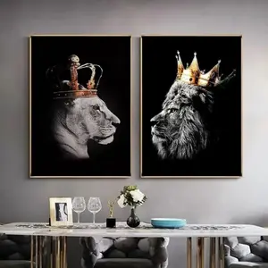 2 Pieces Optional Wooden Frame Lion Couple Black Lion Lioness With Crown Canvas Painting Poster Wall Art Decor Home Bedroom Living Room Hanging Picture Background Wall Mural Domineering Luxury Style Animal Theme Wall Art Decoration