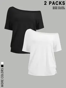 Women's 2-Piece Set & Low Shoulder Boat Neck Loose Fit Casual Knit T-Shirt, Irregular Hem Asymmetrical Folded Style Comfortable Fashion