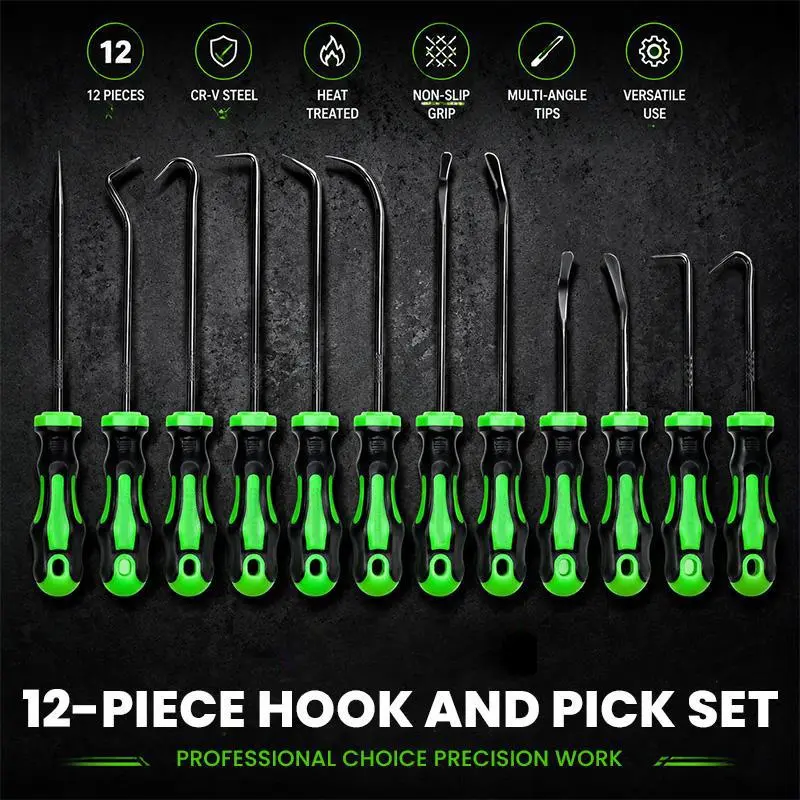 12-piece pry hook tool set; pry hook tool set for automotive oil seals/O-rings and sealing pads; pry hook puller disassembly tools; long-handle and mini pry hook tool sets