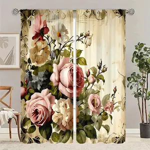 2 pieces of retro oil painting style rose-themed printed curtains, made of polyester with semi-transparent texture, machine washable, suitable for bedrooms, living rooms and home decoration curtains.
