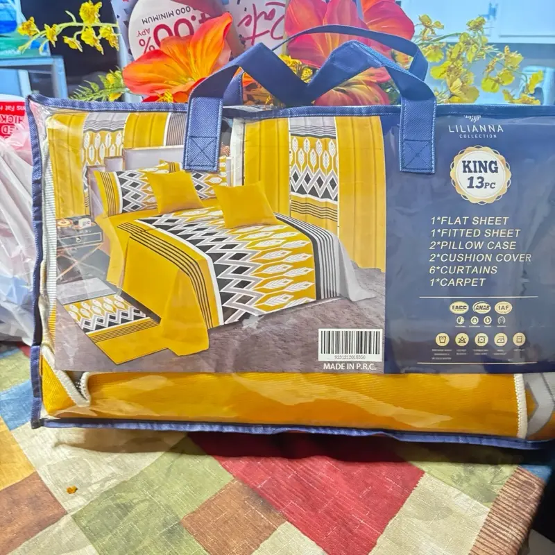 Lilianna King 13pc Bedding Set with Flat Sheet Fitted Sheet Pillowcases Cushion Covers Curtains & Carpet in Vibrant Yellow and Blue