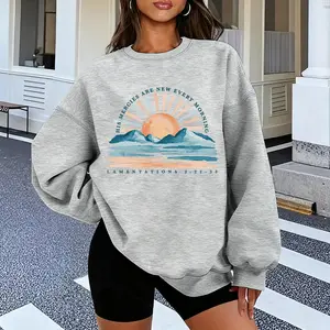 Women's Printed Crewneck Sweatshirt - “HIS MERCIES ARE EVERY MORNING” sunrise at sea print, gray cotton knit crewneck sweatshirt, breathable with slight stretch