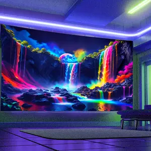 1pc Mountain Waterfall with Rainbow Forest Fluorescent Tapestry, Galaxy Nature Landscape Polyster UV Blacklight Tapestry, Wall Hanging for Living Room Bedroom Office Home Decor/Room Decor/Party Decor, with Free Installation Package