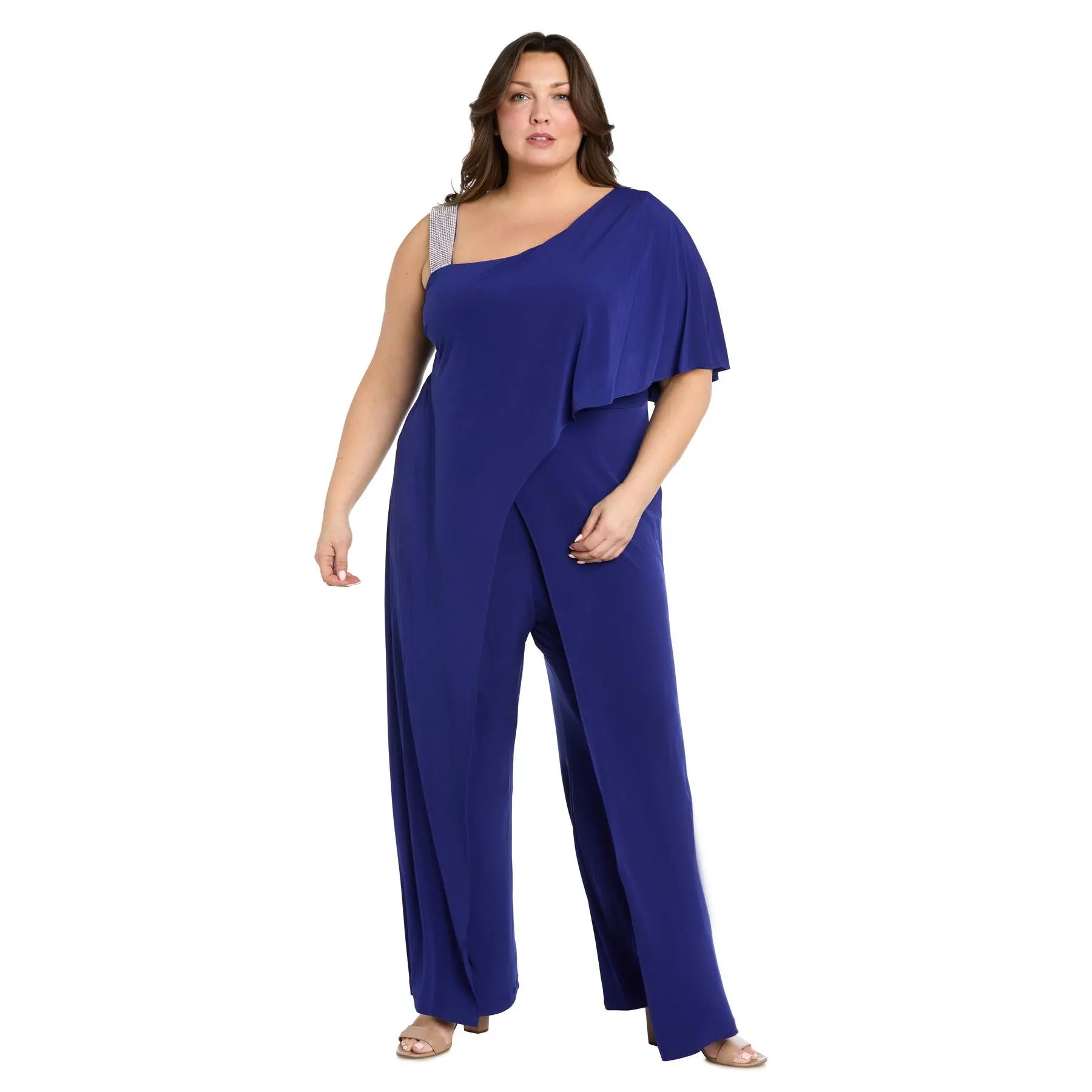 Asymmetric Jumpsuit with Overlay and Rhinestone Shoulder Strap - Plus