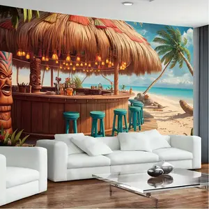 2D Door tapestrY,  Tropical Beach Bar Scene tapestrY, 75g/m² Durable Wall Decor, Suitable  FOR Home and Parties, Hawaiian Luau Room Decoration, Vibrant Photo tapestrY  FOR Garage Door Display, Beach Themed Decor