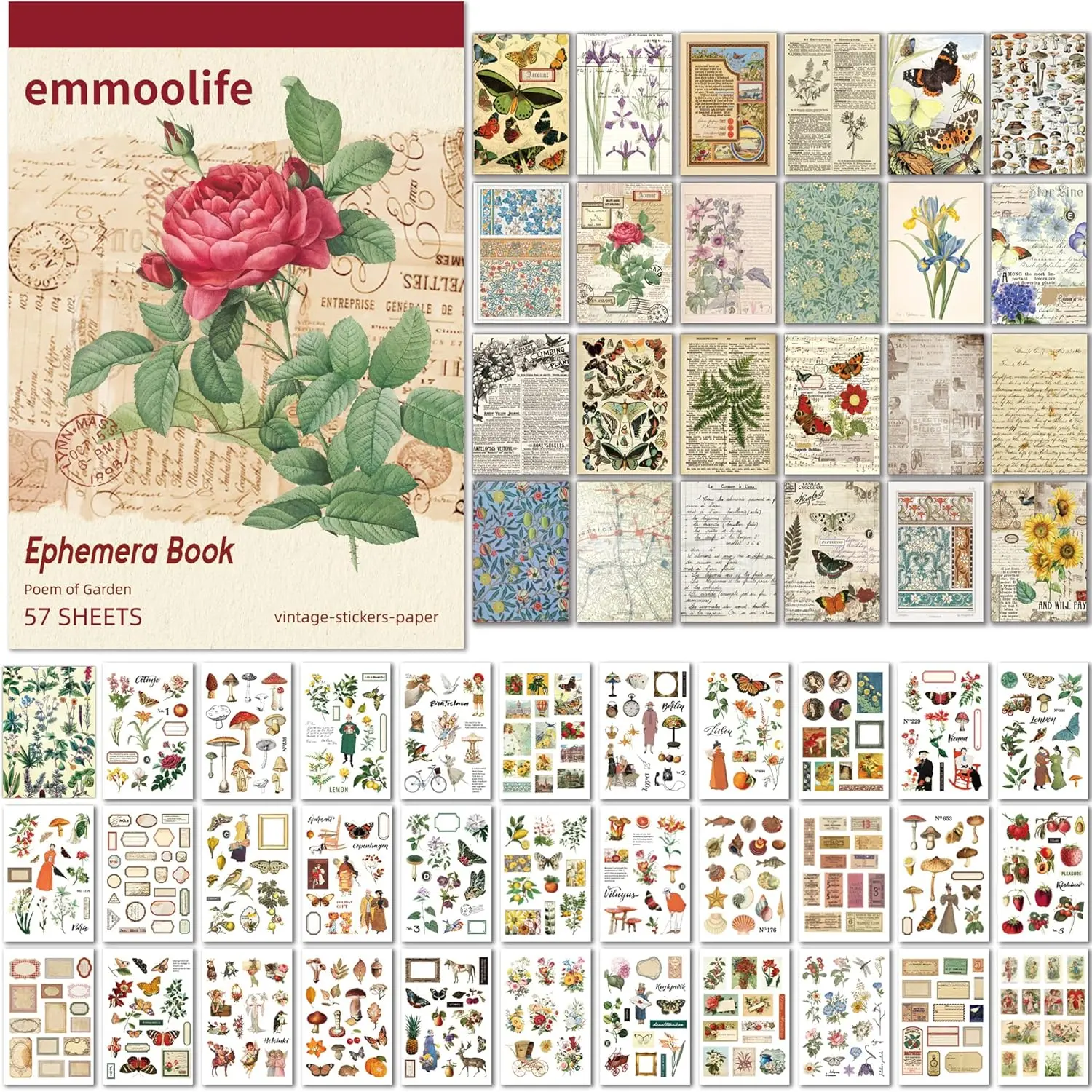 Emmoolife 500+ Pcs Vintage Washi Crafting Kit - Self Adhesive Stickers, Floral Botanical Designs, Vintage Material Paper, Decoupage Papers for Scrapbooking, Journaling Supplies for Adults