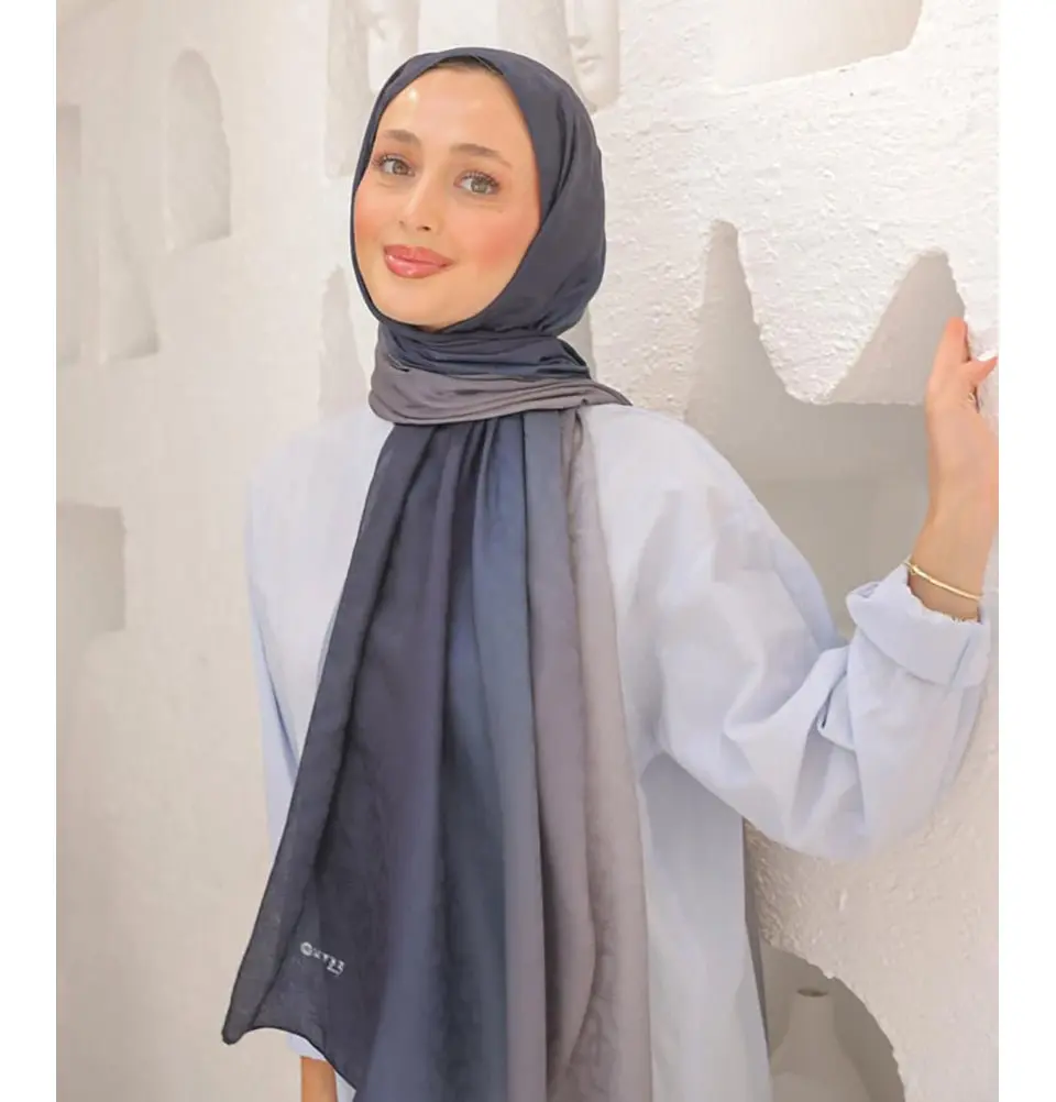 Gradient Satin Blend Patterned Shawl Hijab - Ivory Grey