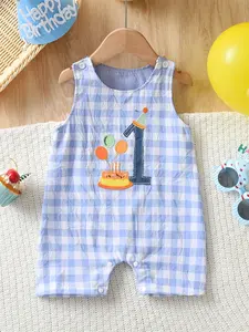 Baby Boy Casual Gift Blue Plaid Birthday Element Embroidered Sleeveless Romper Shorts, Comfortable and Stylish Baby Clothing, Baby Boy Clothes, Infant Toddler Clothes