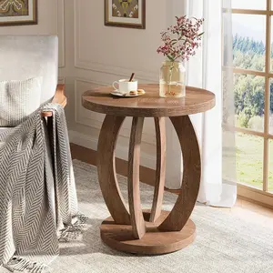Tribesigns Round End Table with Storage for Living Room Bedroom, Farmhouse Nightstand with Wooden Tabletop, Rustic Brown Accent Table