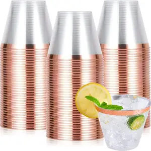 48 Pack Rose Gold Plastic Cups, 9 Oz Transparent Disposable Cups, Elegant Rose Gold Rim Design, Perfect for Weddings Birthdays Christmas Parties